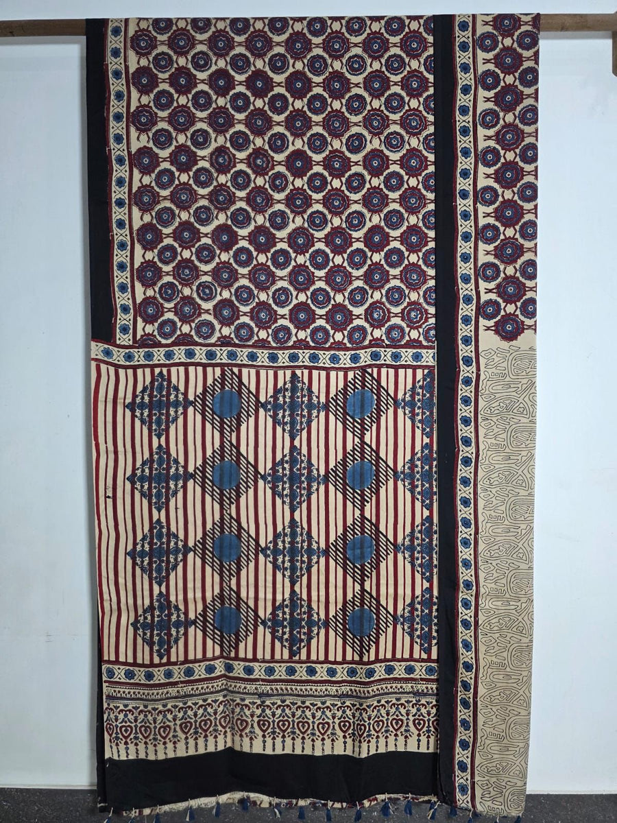 Beige Exclusive Mandala Pattern Authentic Ajrakh Handblock Printed Modal Silk Saree | Looms & Tassels