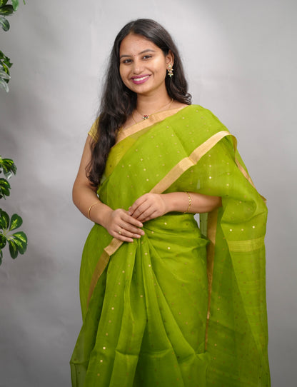 Parrot Green Handwoven Muslin Silk Saree With Sequence Work | Looms & Tassels