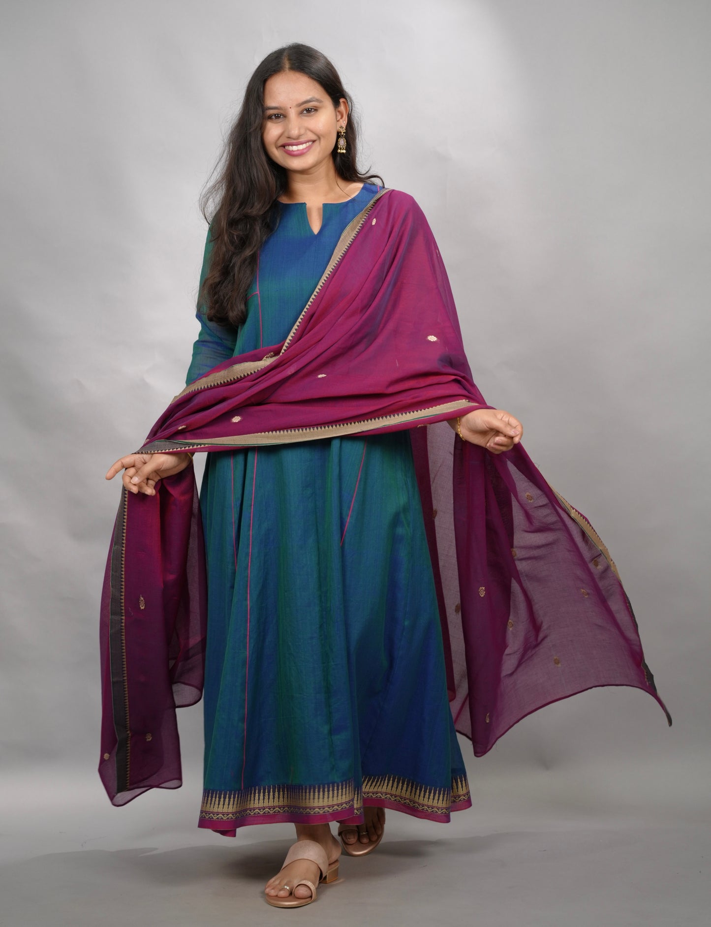 Rama Blue Narayanpet Cotton Anarkali Dress with Magenta Narayanpet Dupatta | Looms & Tassels