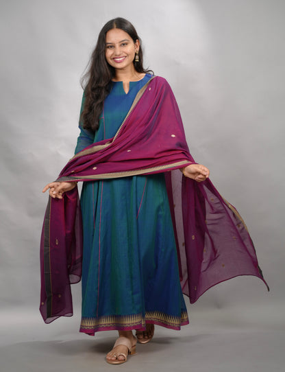 Rama Blue Narayanpet Cotton Anarkali Dress with Magenta Narayanpet Dupatta | Looms & Tassels