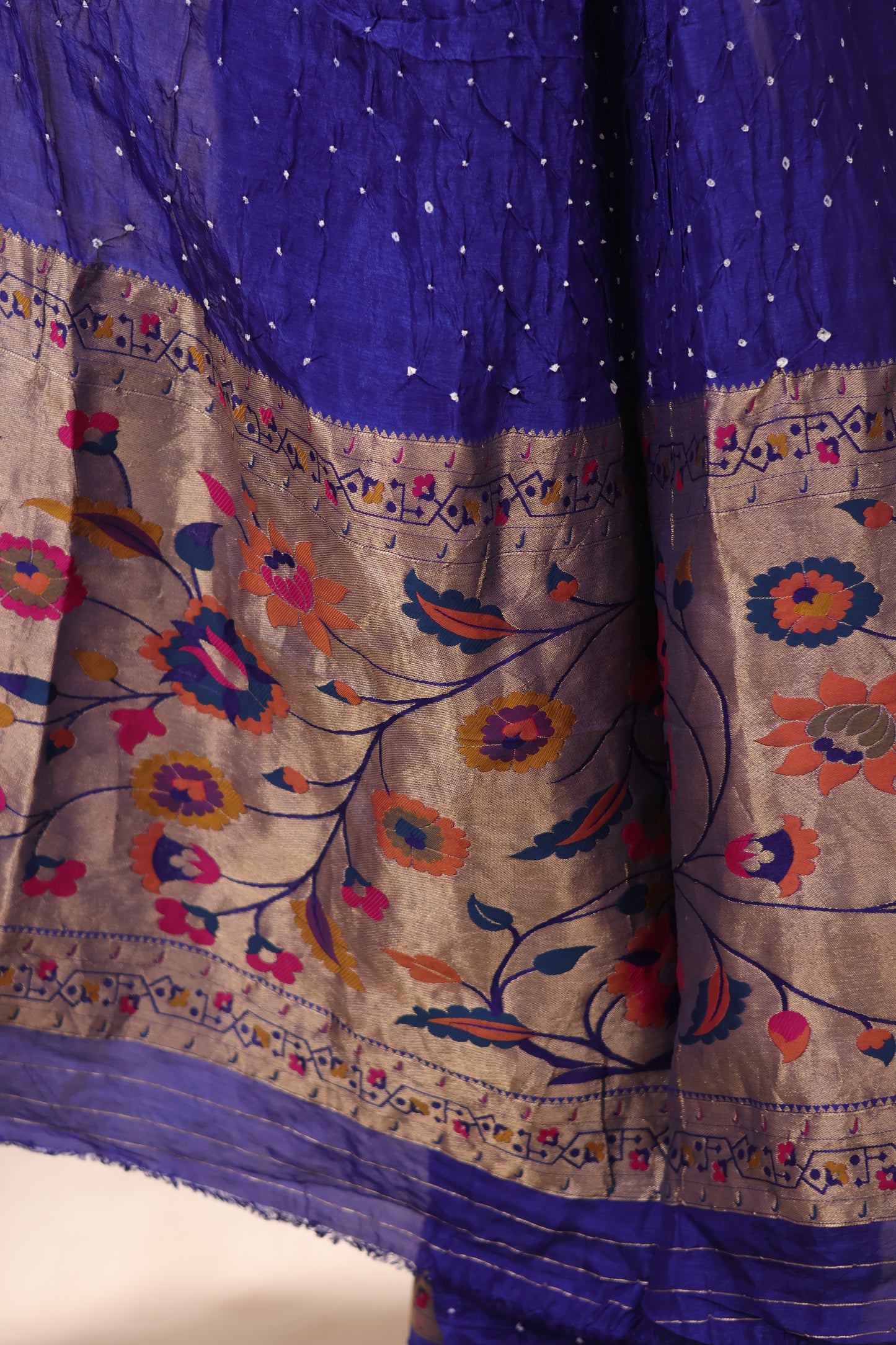 Blue Handcrafted Bandhani Paithani Dola Silk Saree | Looms & Tassels