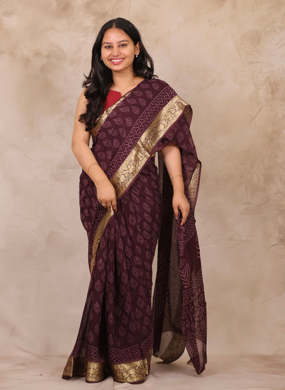 Coffee Brown Chiffon Hand Block Printed Saree with Jari Border | Looms & Tassels