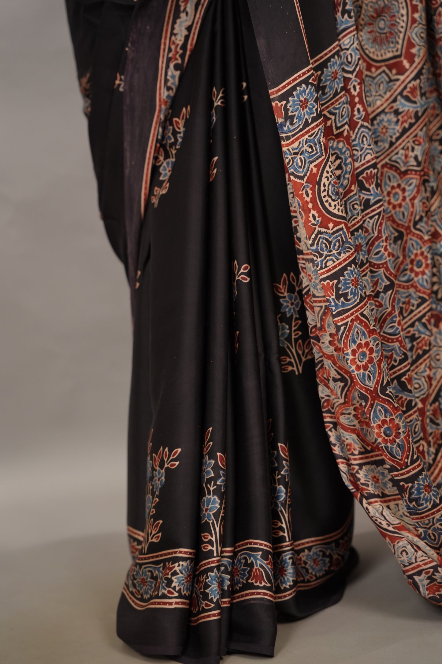 Black Authentic Ajrakh Handblock Printed Modal Silk Saree | Looms & Tassels