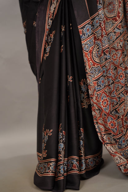 Black Authentic Ajrakh Handblock Printed Modal Silk Saree | Looms & Tassels