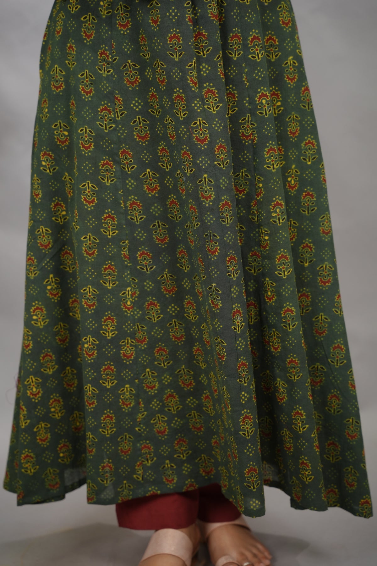Green Ajrakh Cotton Kali Kurta | Looms & Tassels