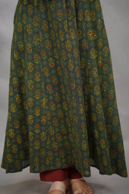 Green Ajrakh Cotton Kali Kurta | Looms & Tassels