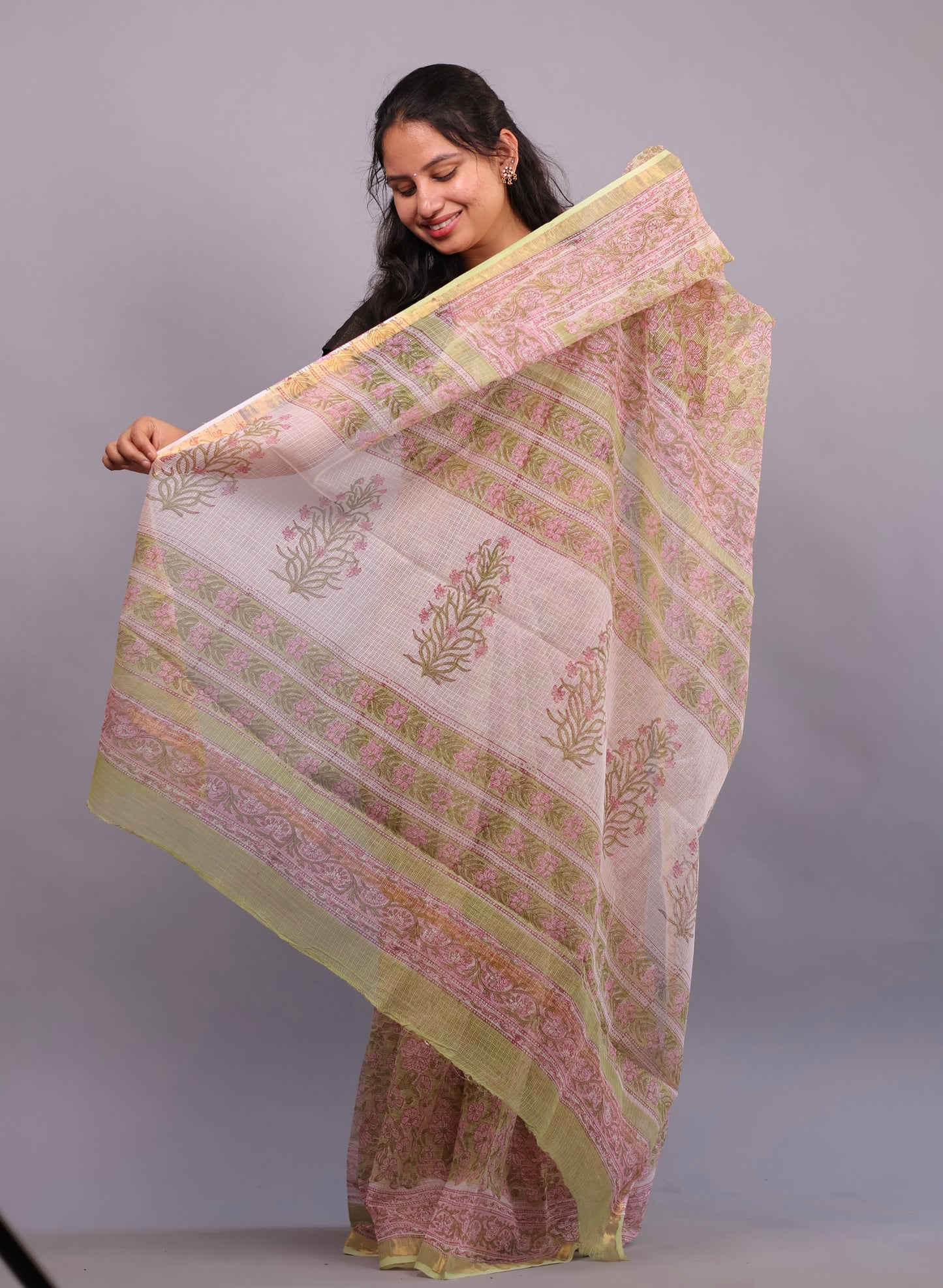 Pure Kota Doria Saree with Bagru Handblock Prints – Cream | Looms