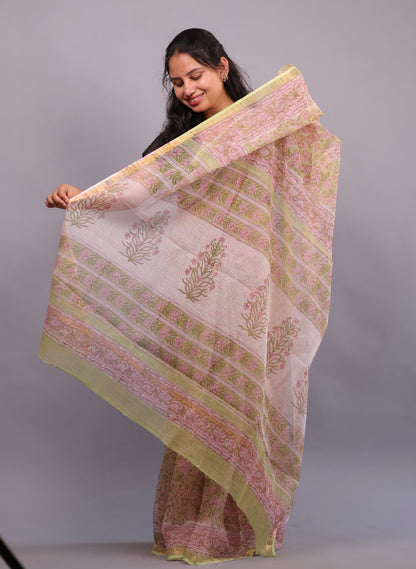 Pure Kota Doria Saree with Bagru Handblock Prints – Cream | Looms