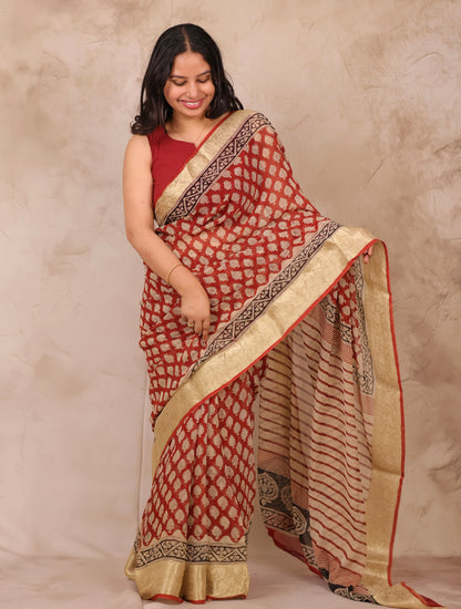 Maroon Chiffon Hand Block Printed Saree with Jari Border | Looms & Tassels