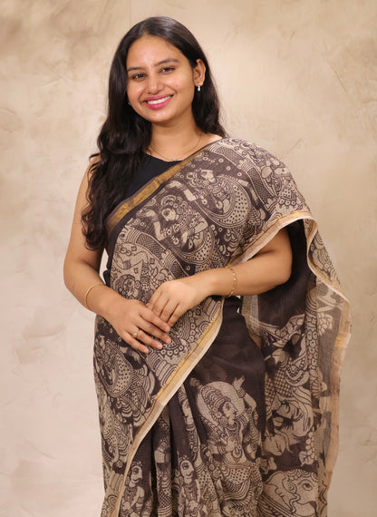 Light Black Kota Doria Saree with Kalamkari Handblock Prints | Looms & Tassels