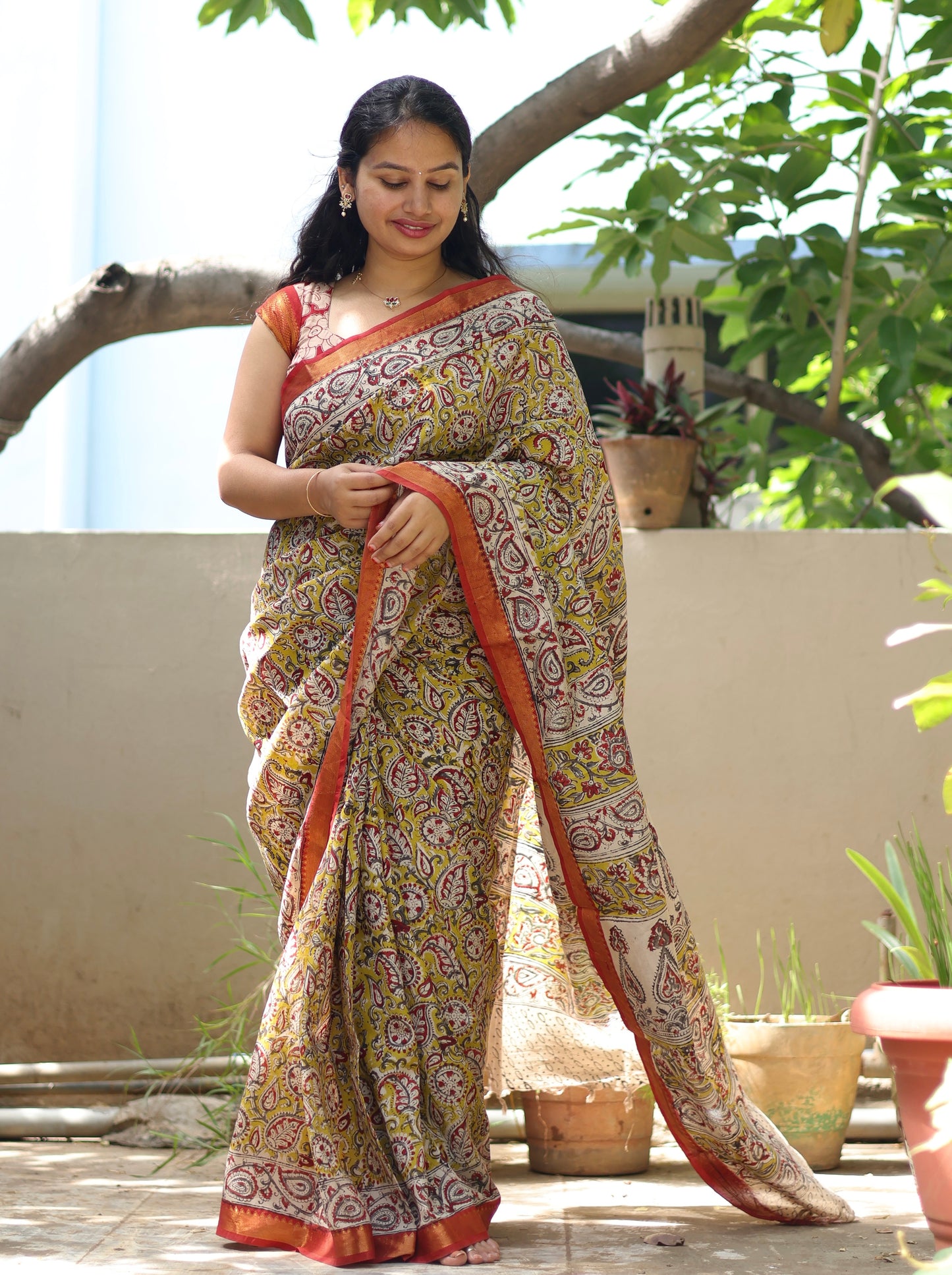 Hand Block Printed Kalamkari Nizam Border Silk Saree