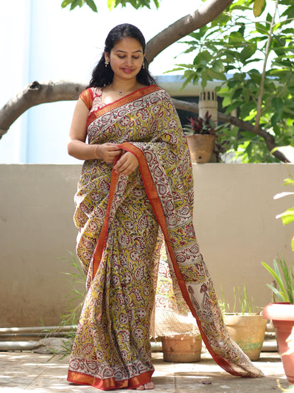 Hand Block Printed Kalamkari Nizam Border Silk Saree