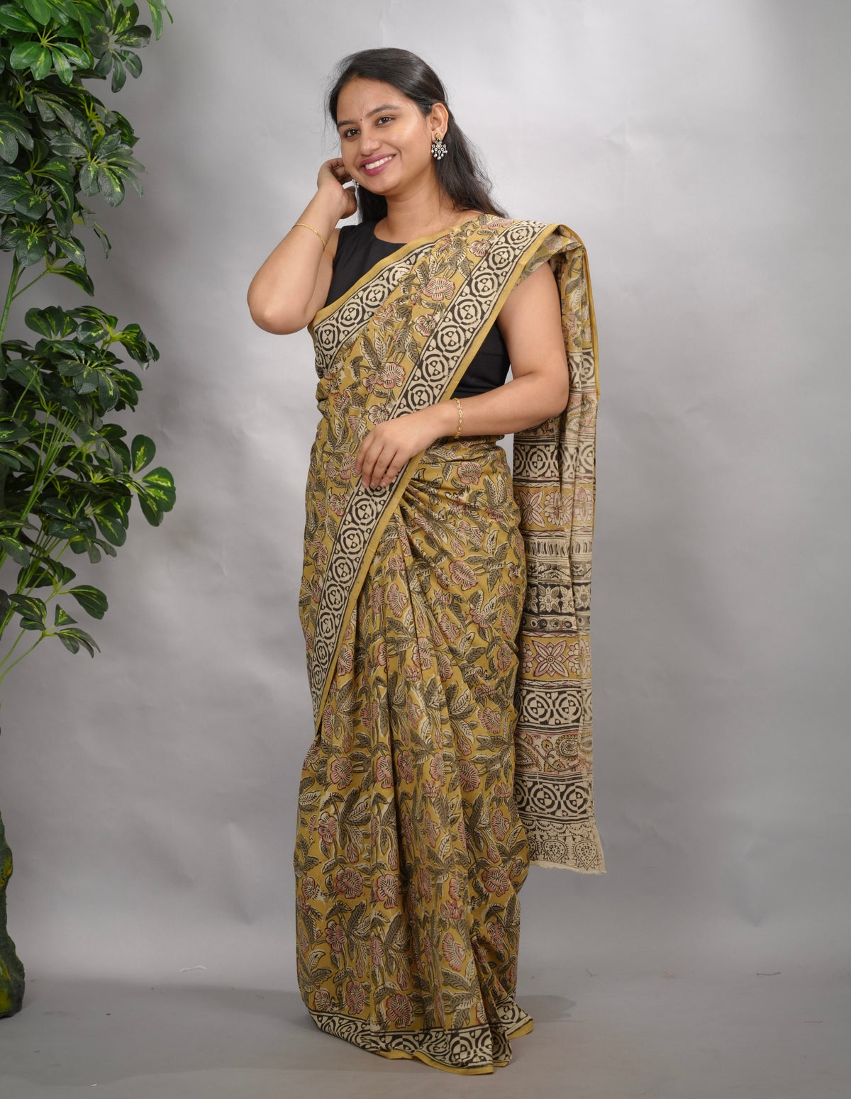 Mustard Hand Block Printed Kalamkari Cotton Saree | Looms & Tassels