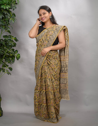 Mustard Hand Block Printed Kalamkari Cotton Saree | Looms & Tassels