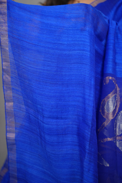 Blue Handloom Jamdhani Pure Matka Silk Saree with Muslin Silk Pallu