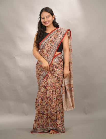 Red Hand Block Printed Kalamkari Cotton Saree | Looms & Tassels