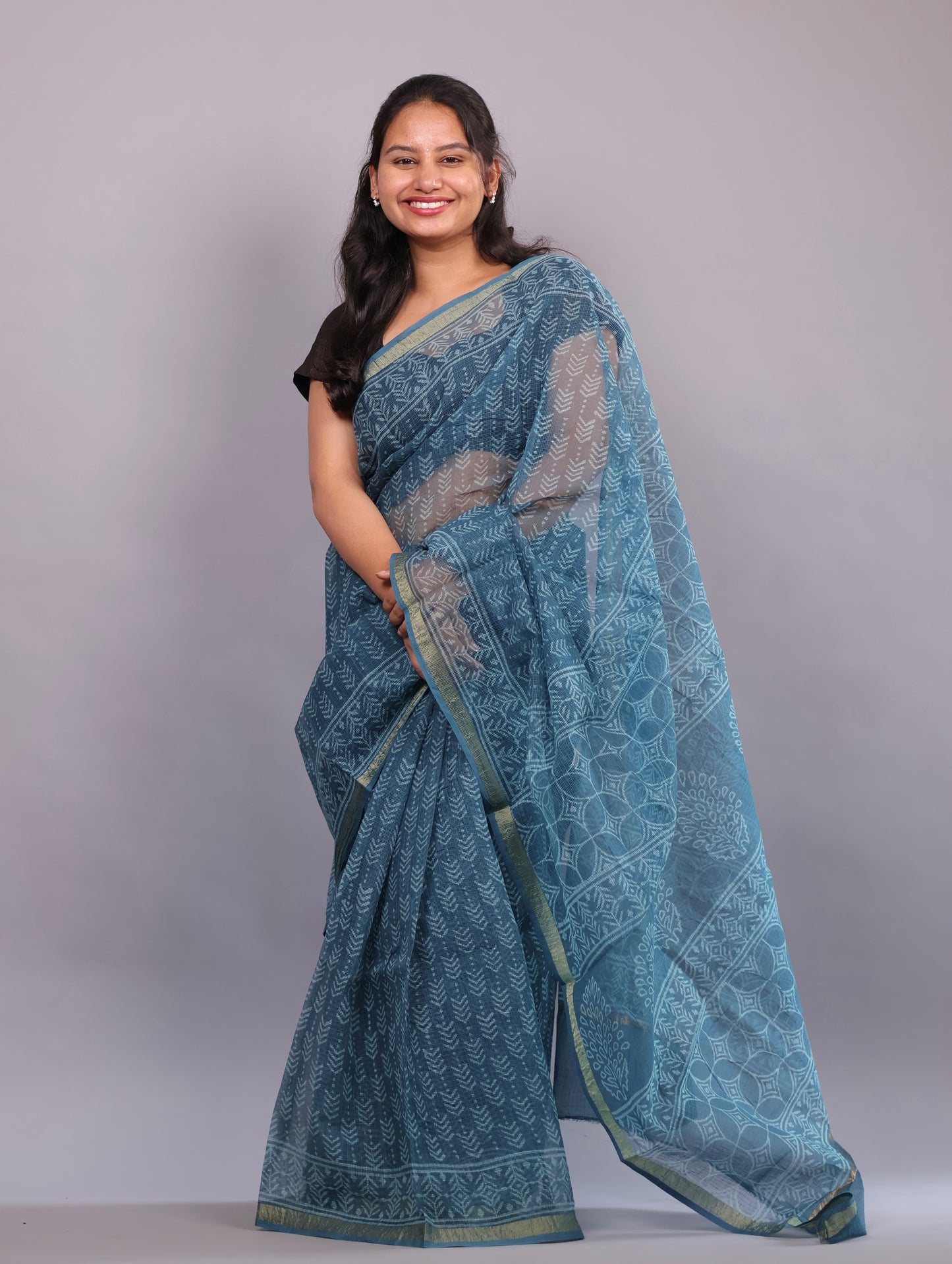 Pure Kota Doria Saree with Bagru Handblock Prints – Teal Blue | Looms&Tassels