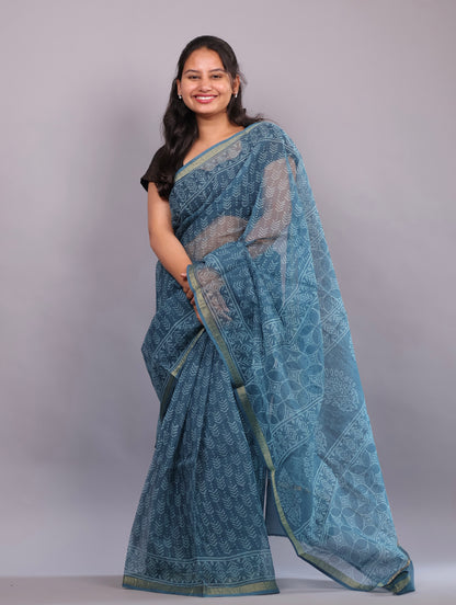 Pure Kota Doria Saree with Bagru Handblock Prints – Teal Blue | Looms&Tassels