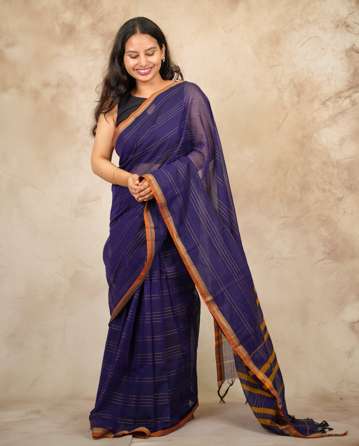 Dark Blue Narayanpet Cotton Saree lines weaving | Looms & Tassels