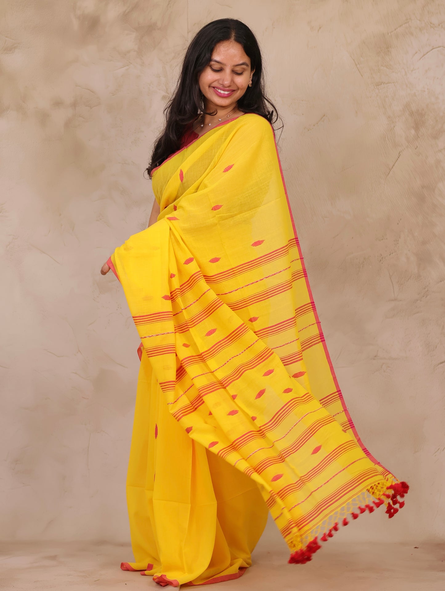 Yellow Handwoven Malai Cotton Saree| Looms & Tassels