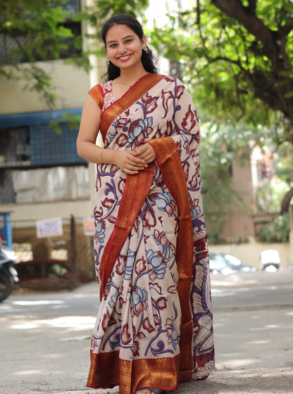 Lotus Kanchi Border Kalamkari Chennur Silk Saree