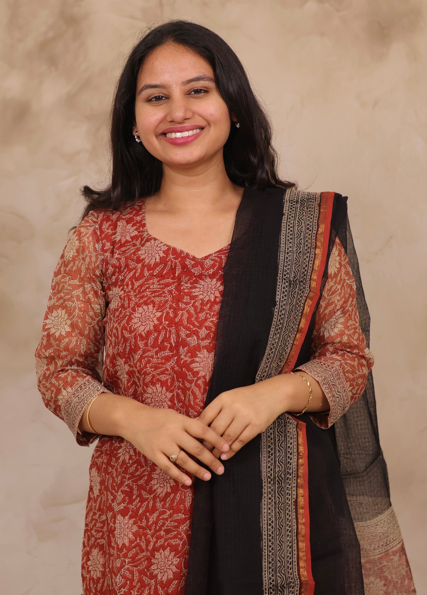 Red Handblock printed kota 3 piece suit (stitched)