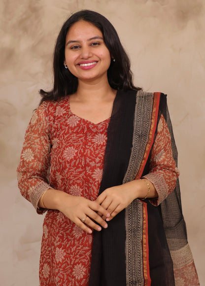 Red Handblock printed kota 3 piece suit (stitched)