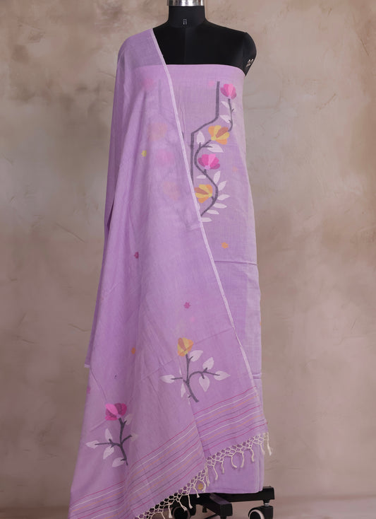 Pastel Lavender Handwoven Jamdhani weaving pure Malai cotton 2 piece suit sets | Looms & Tassels