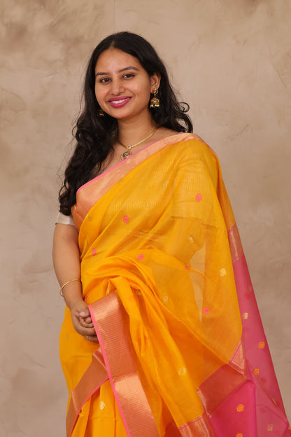 Yellow & Pink Handloom Maheswari Silk Cotton Sarees | Looms & Tassels
