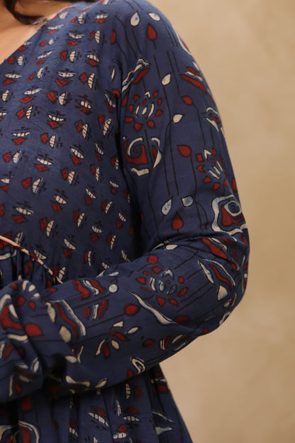 Indigo Ajrakh Hand Block Printed Pure Mul Cotton Aline Kurta | Looms & Tassels