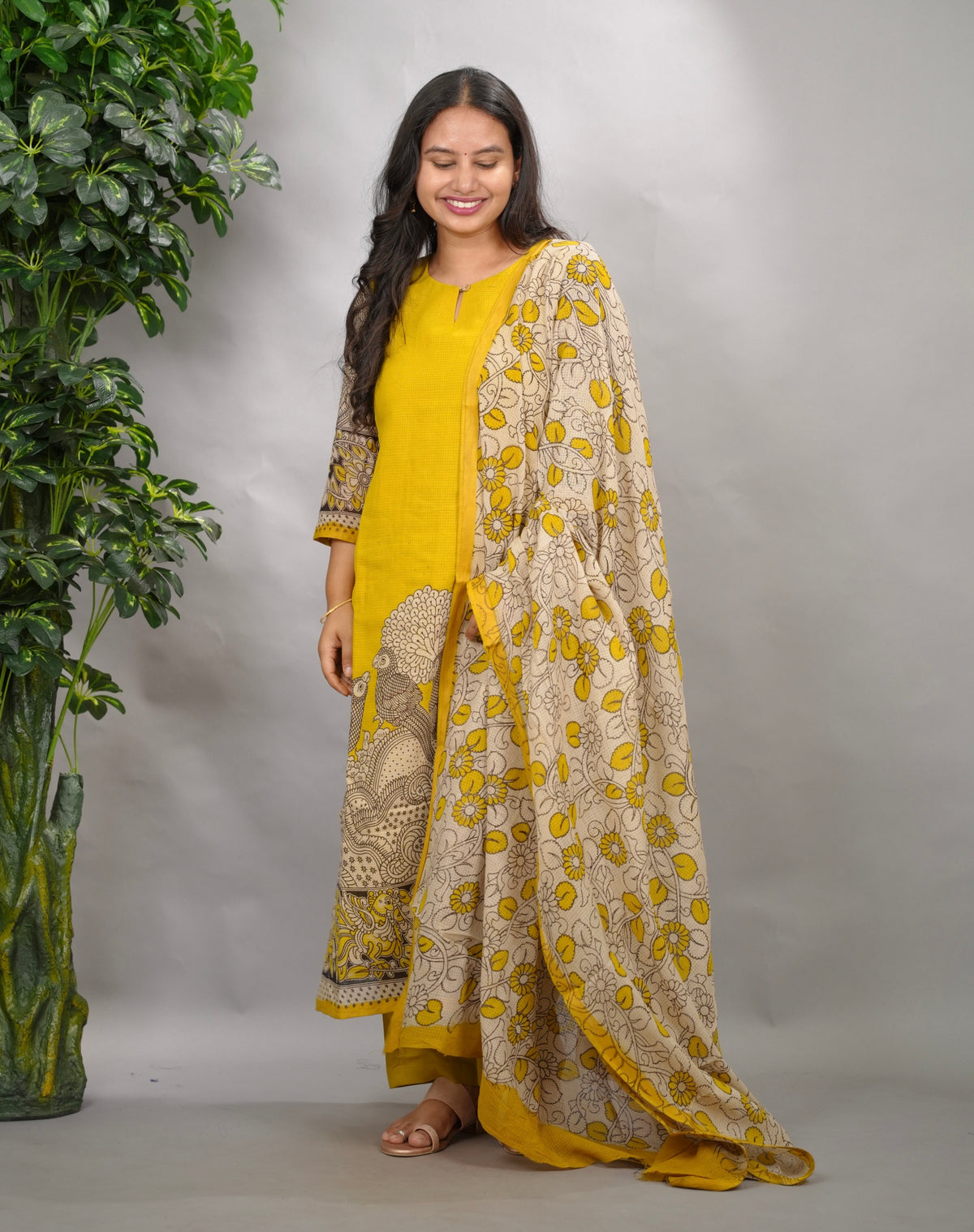 Yellow Kalamkari Kota Cotton 3 piece suit (stitched) | Looms & Tassels