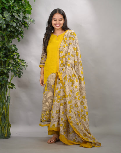 Yellow Kalamkari Kota Cotton 3 piece suit (stitched) | Looms & Tassels