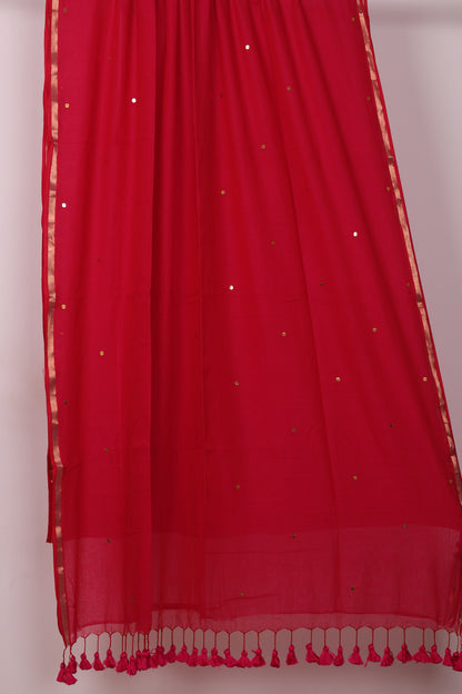 Red Pure Handwoven Malai Cotton Saree with Sequence Work