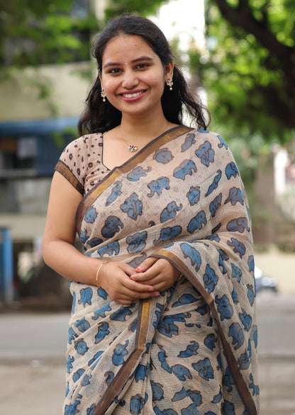 Blue Kalamkari printed Kota Doriya Saree