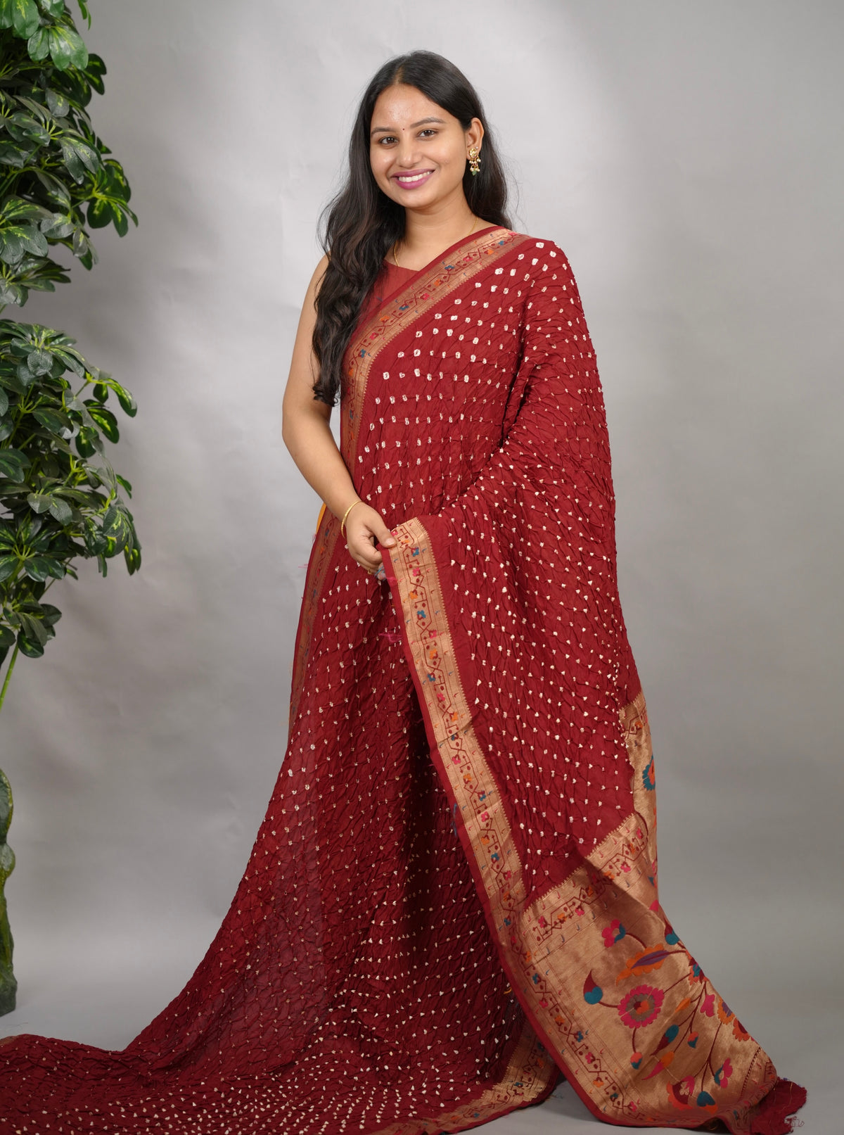 Maroon Handcrafted Bandhani Paithani Dola Silk Saree | Looms & Tassels