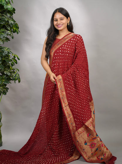 Maroon Handcrafted Bandhani Paithani Dola Silk Saree | Looms & Tassels
