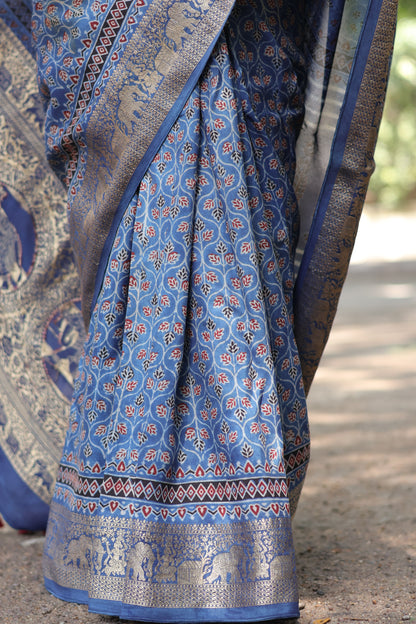 Indigo Ajrakh Dola Silk Saree