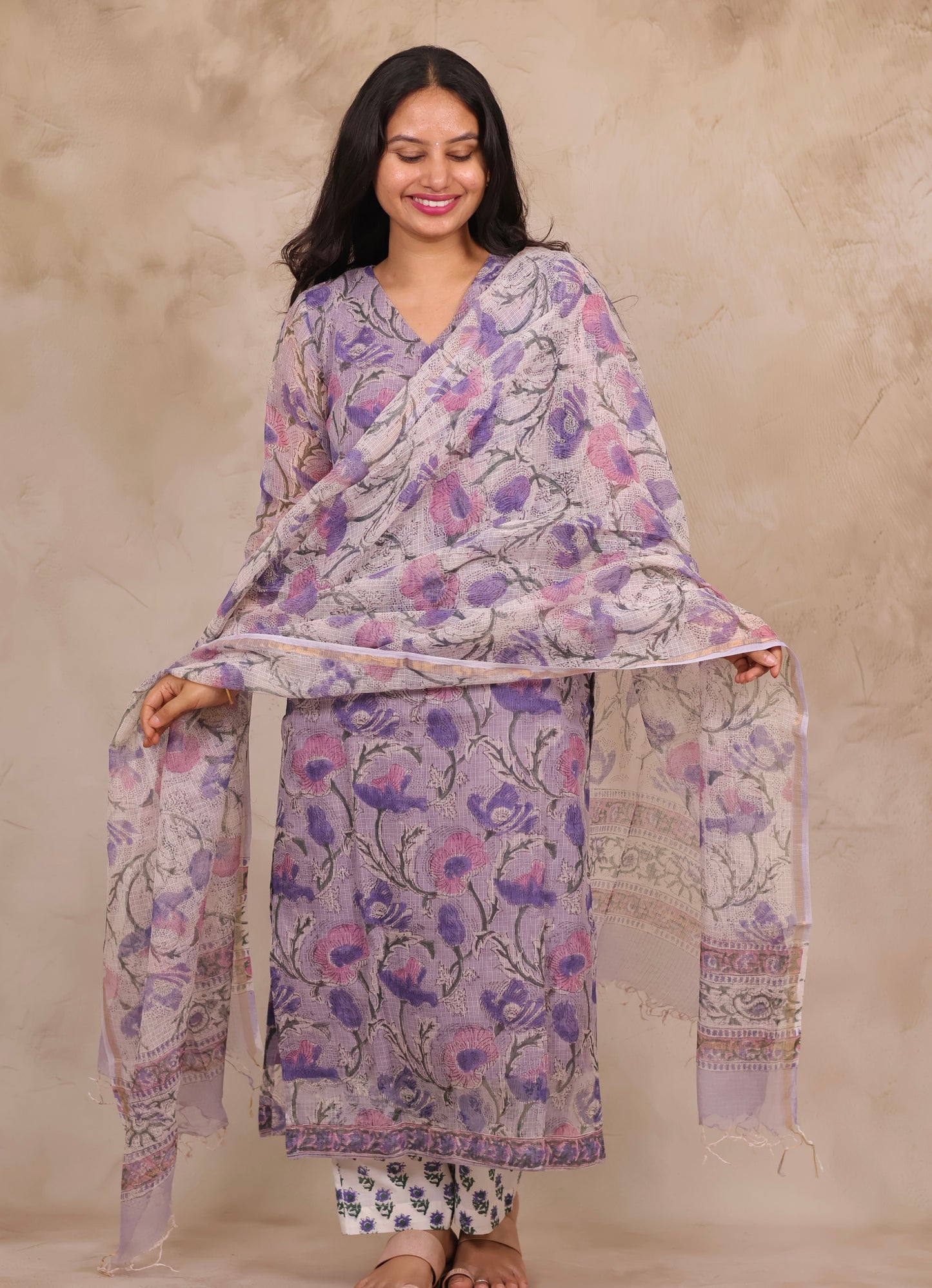 Lavender Handblock printed kota 3 piece suit (stitched)