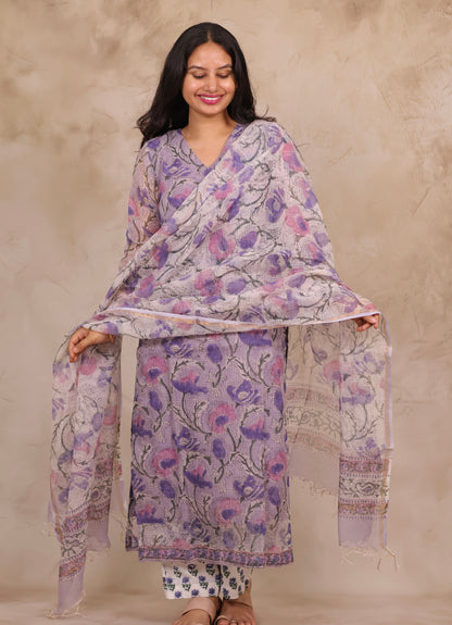 Lavender Handblock printed kota 3 piece suit (stitched)