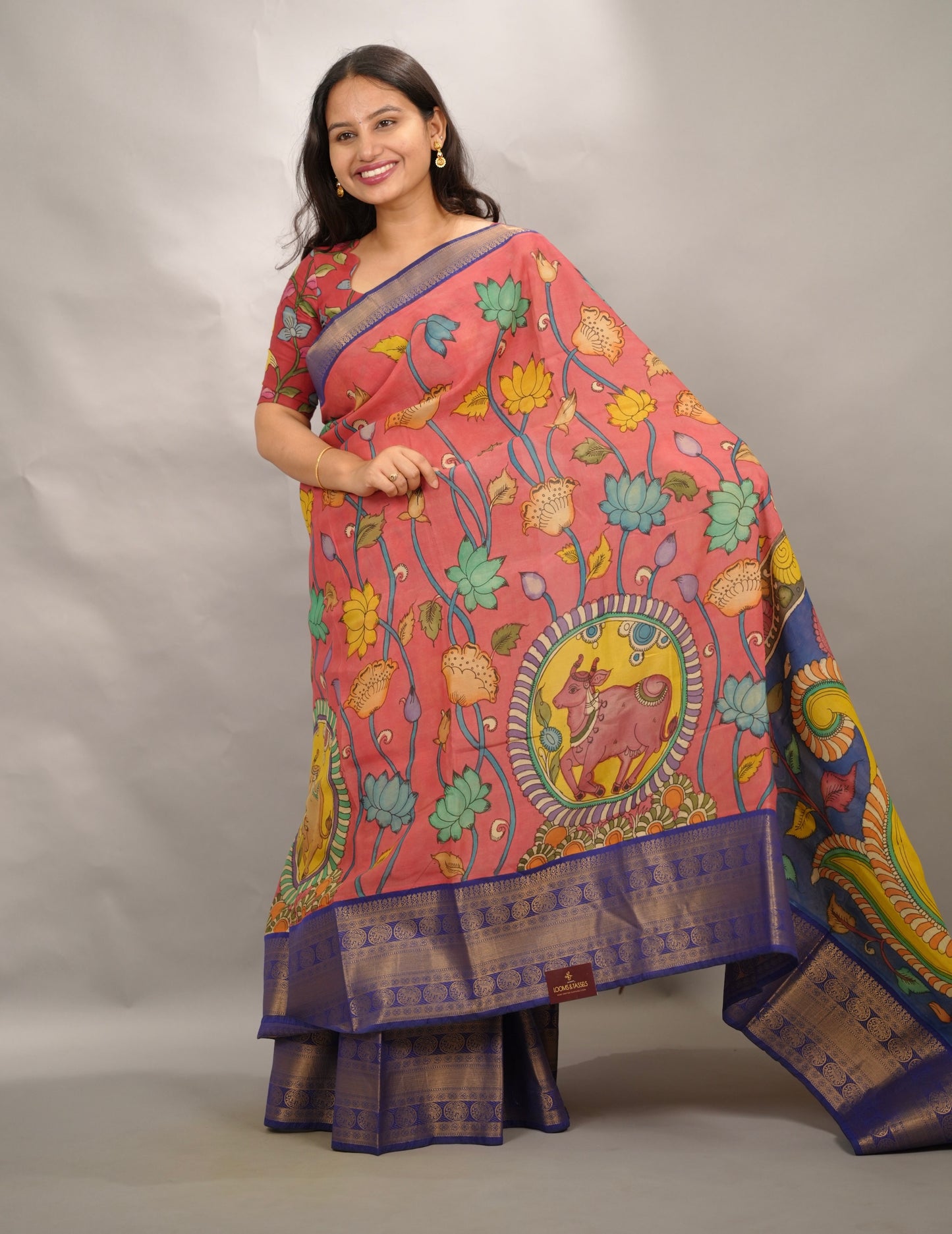 Peach Hand Drawn Pen Kalamkari Bangalore Silk Kanchi Border Saree | Looms & Tassels
