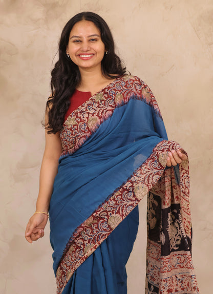 Cyan Blue Hand Block Printed Kalamkari Cotton Saree | Looms & Tassels