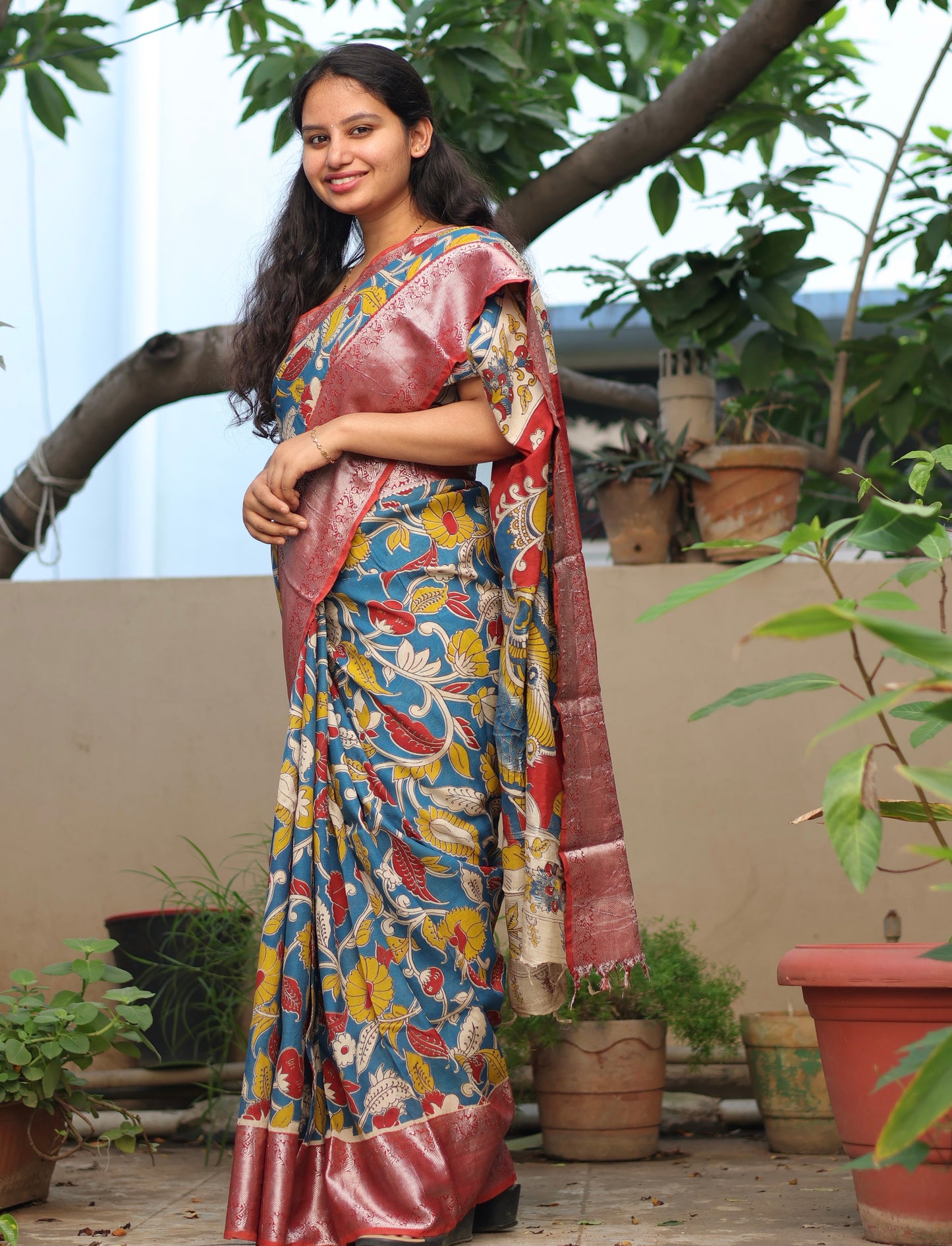 Blue Floral Kalamkari Silk Handcrafted Kanchi Border Saree