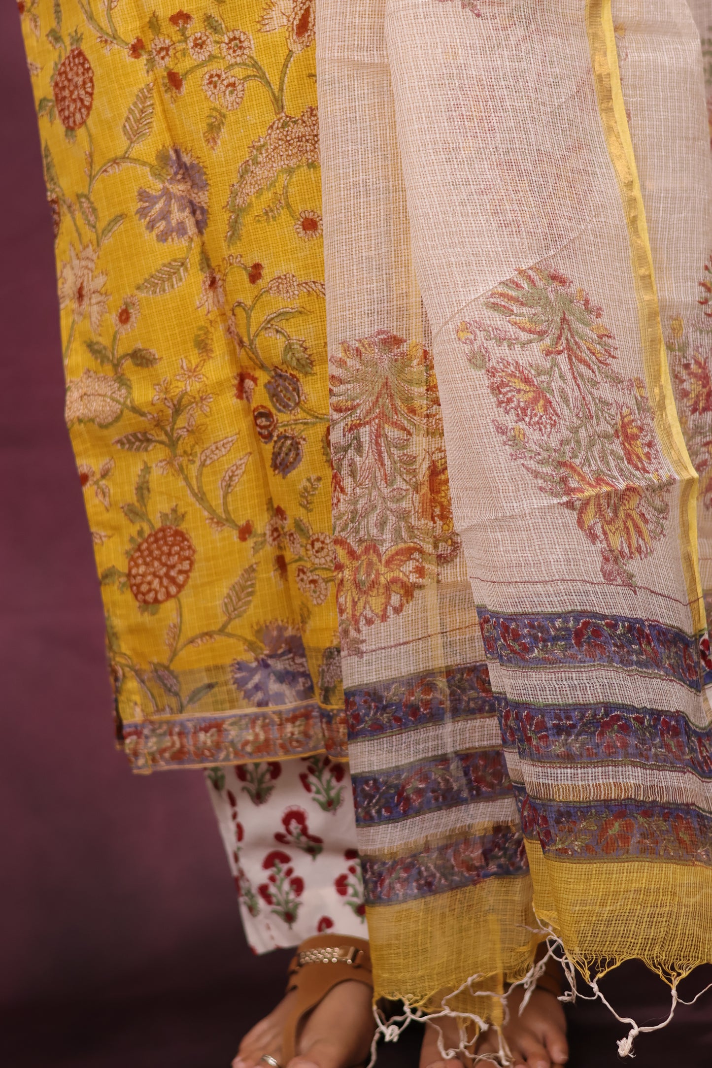 Yellow Handblock printed kota 3 piece suit (stitched)