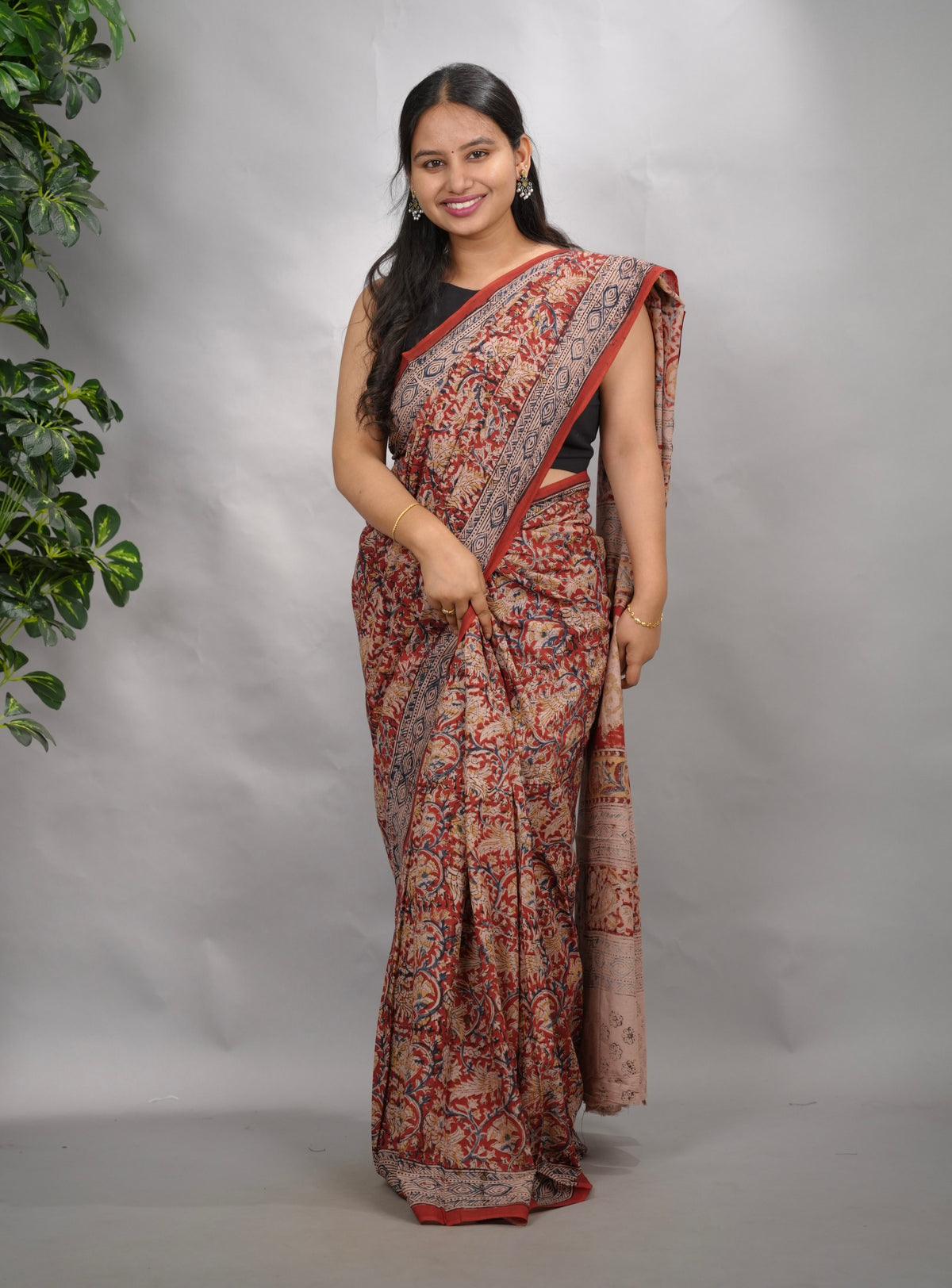 Red Hand Block Printed Kalamkari Cotton Saree | Looms & Tasselse