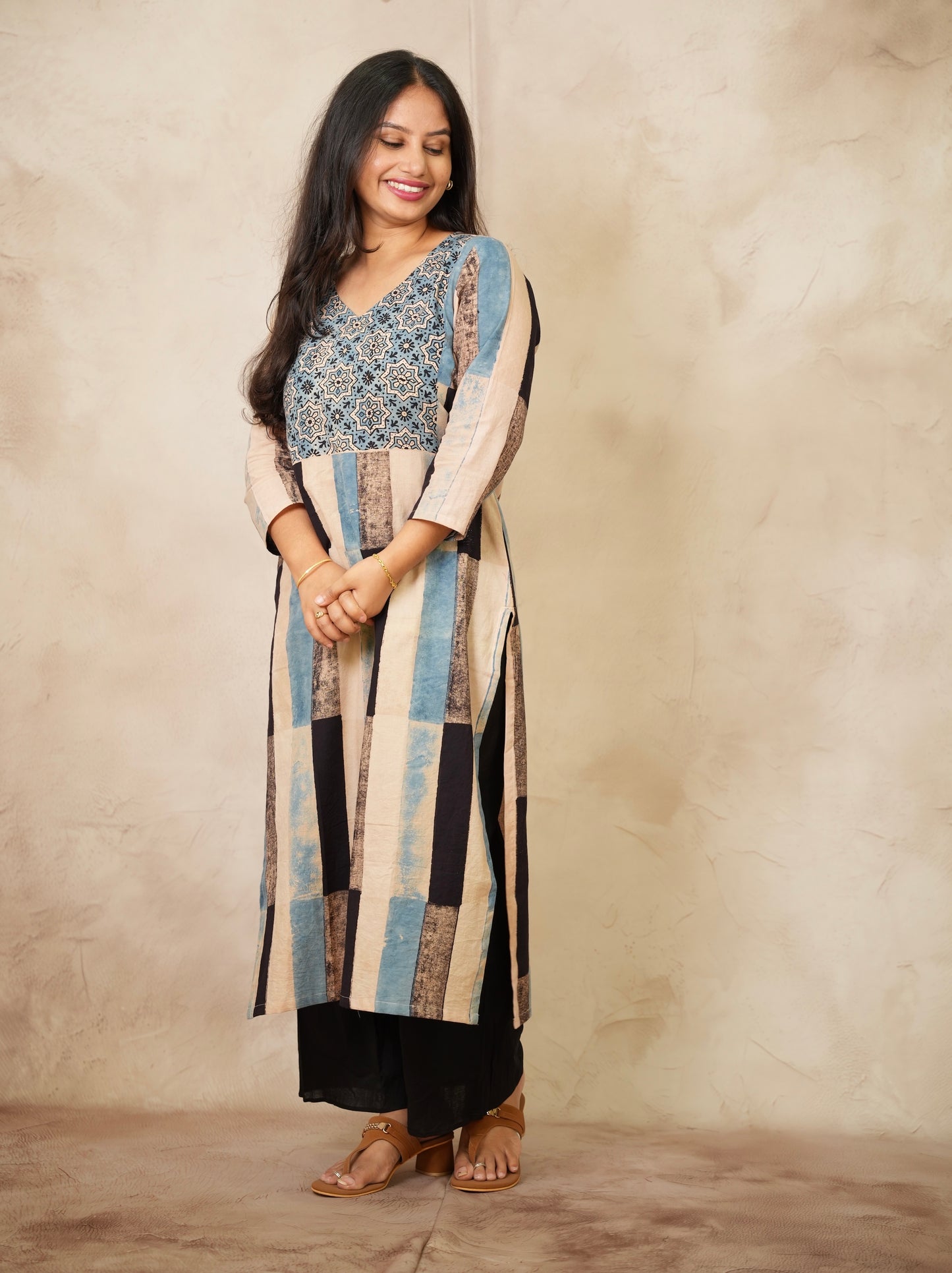 Contemporary Ajrakh Pattern Hand Block printed Kurti | Looms & Tassels