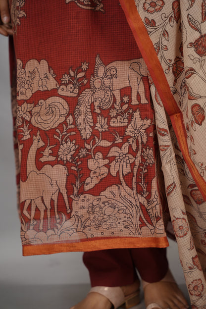 Maroon Kalamkari Kota Cotton 3 piece suit (stitched) | Looms & Tassels