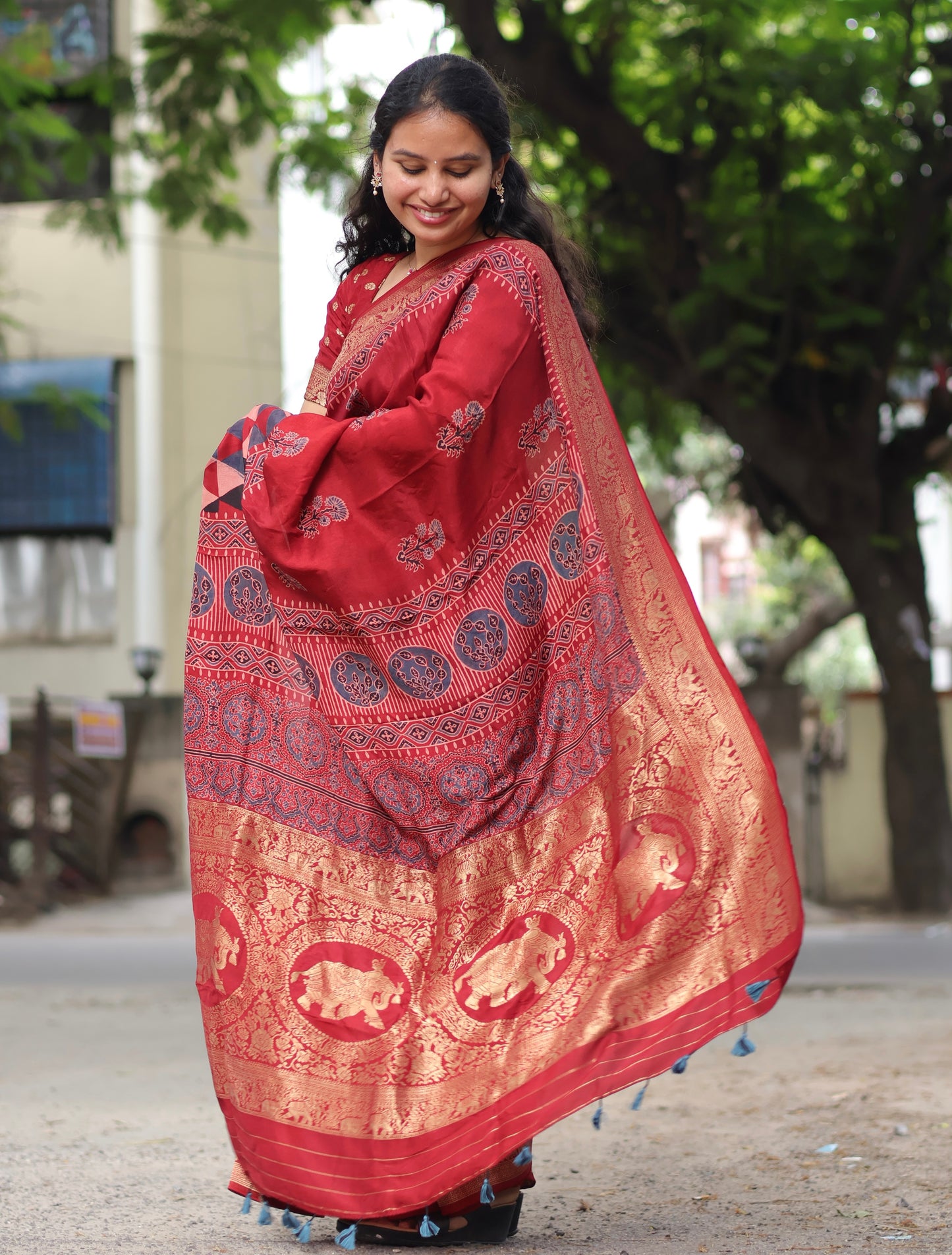 Contemporary Ajrakh Dola Silk Saree