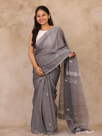 Gray Malai Cotton Saree with Butta Weaving | Looms & Tassels