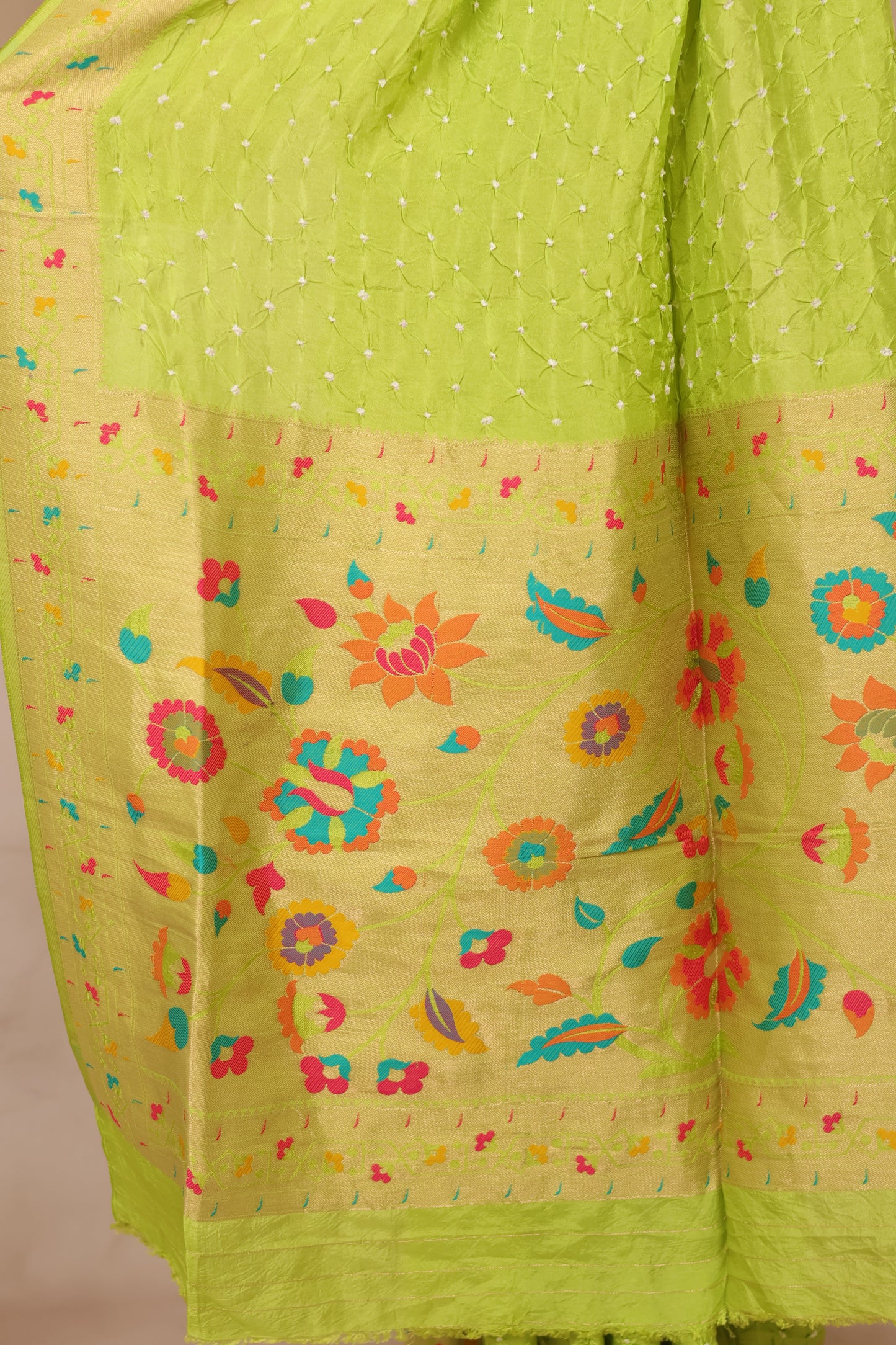 Pista Green Handcrafted Bandhani Paithani Dola Silk Saree | Looms & Tassels