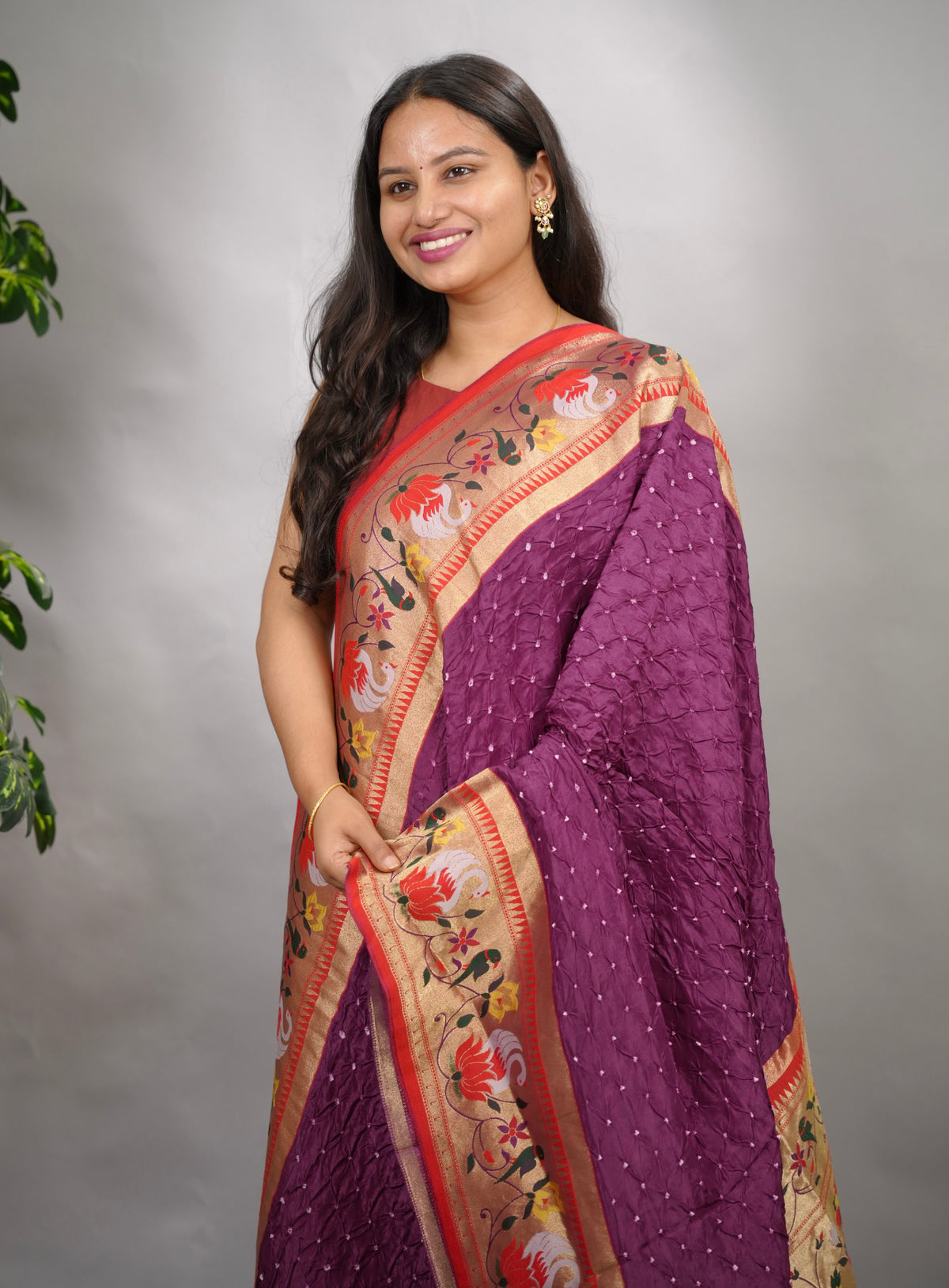 Purple Handcrafted Bandhani Paithani Dola Silk Saree | Looms & Tassels